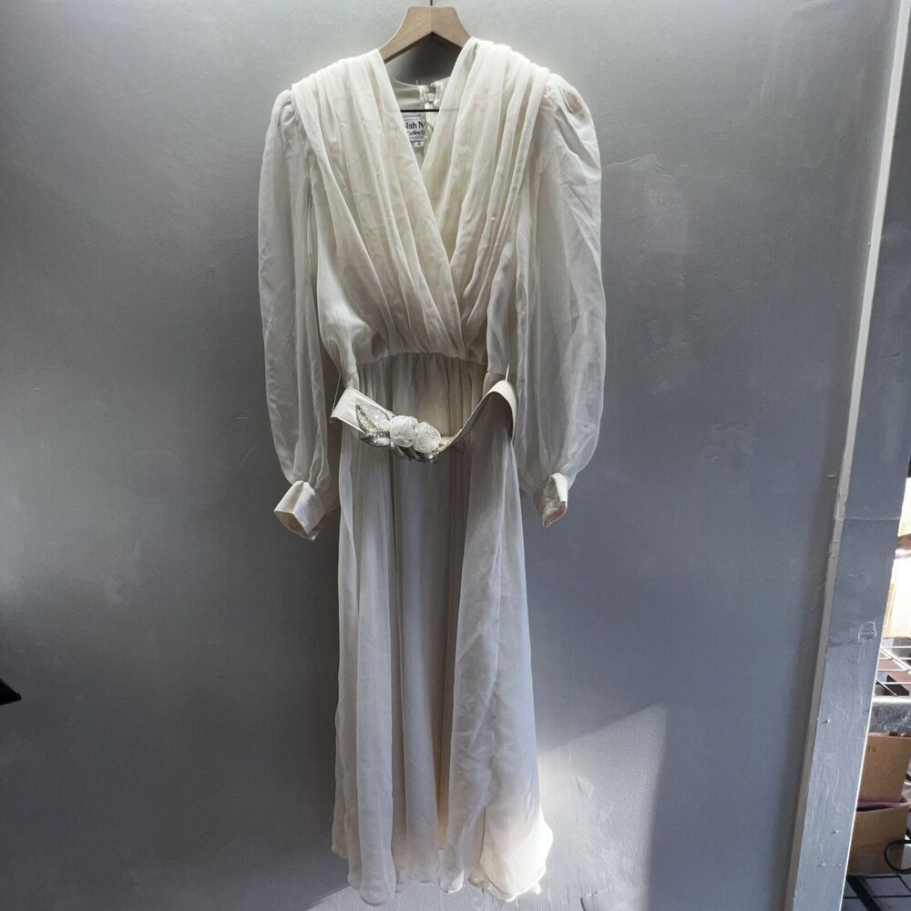 NAH NAH COLLECTION Dress Women's Long Sleeve Lined Belted Chiffon A-Line